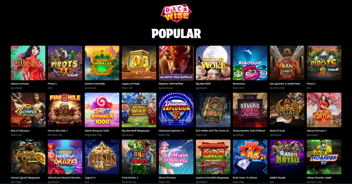 DiceWise Casino spelutbud